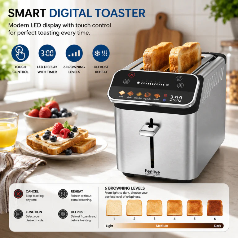Feelive 2 Slice Stainless Steel Digital Smart Toaster — image 3