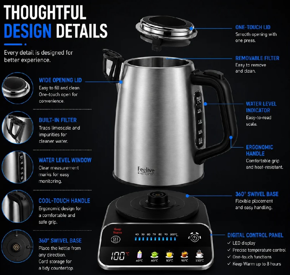 Feelive 1.7 Litres Smart Digital Kettle with Temperature Control — image 2