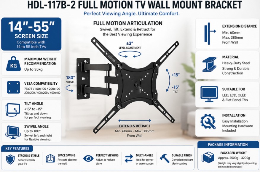 UniQue Full Motion Swivel And Tilt TV And Monitor Bracket — image 2